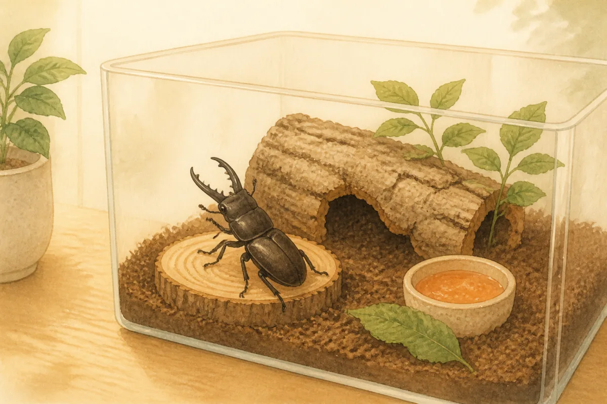 クワガタ成虫の飼育ケースの作り方|単独飼育と転倒防止の基本