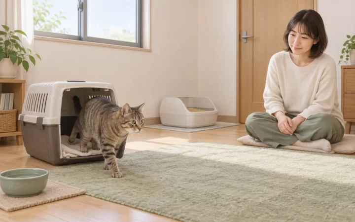保護猫が静かな一室でキャリーから自分のペースで出る様子を描いたAI生成イラスト