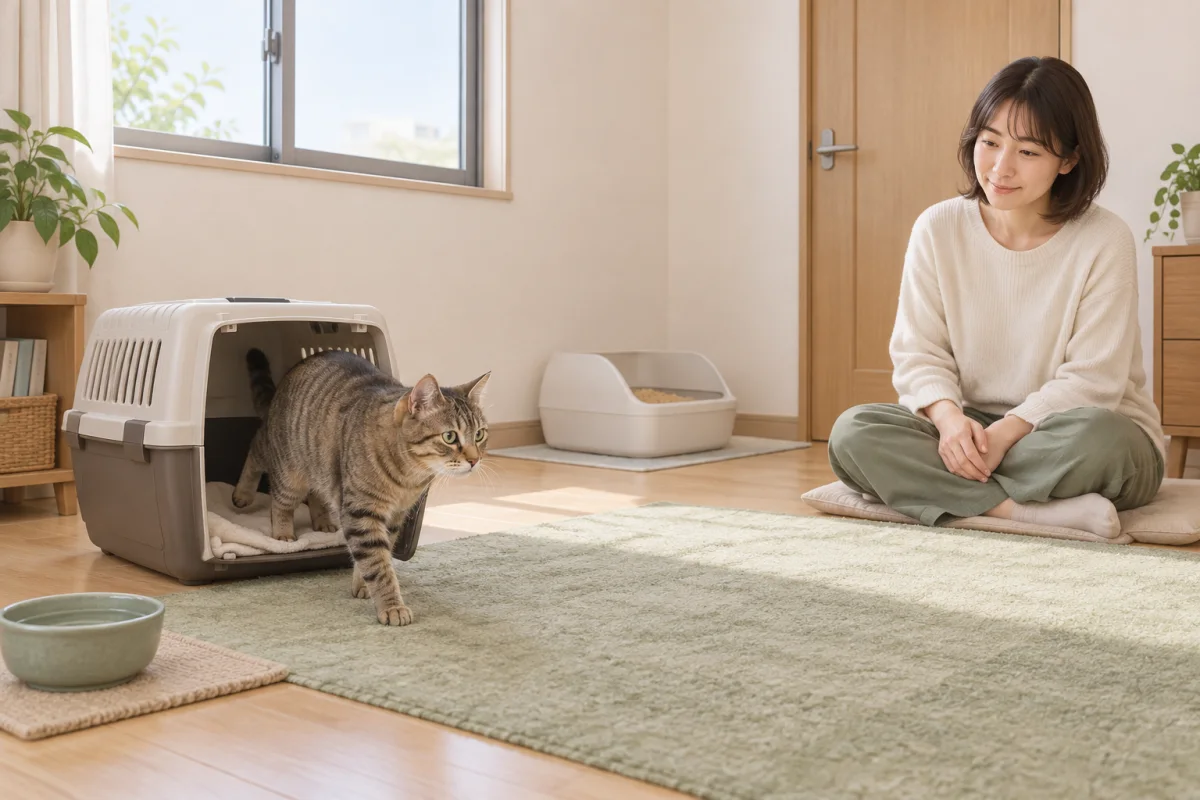 保護猫が静かな一室でキャリーから自分のペースで出る様子を描いたAI生成イラスト