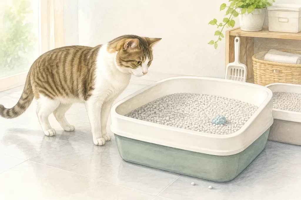 成猫が新旧2つの猫トイレを落ち着いて見比べる水彩風イラスト