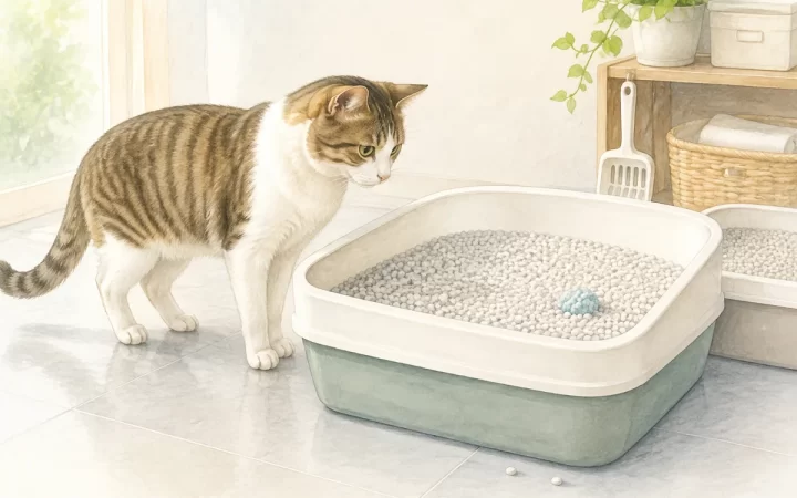 成猫が新旧2つの猫トイレを落ち着いて見比べる水彩風イラスト