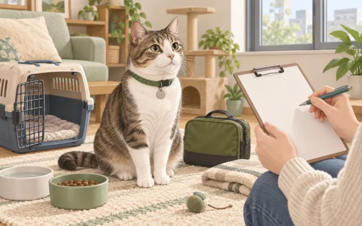 室内で猫の飼い主がキャリーや食器、防災用品を点検するイメージイラスト