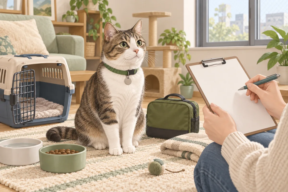 室内で猫の飼い主がキャリーや食器、防災用品を点検するイメージイラスト