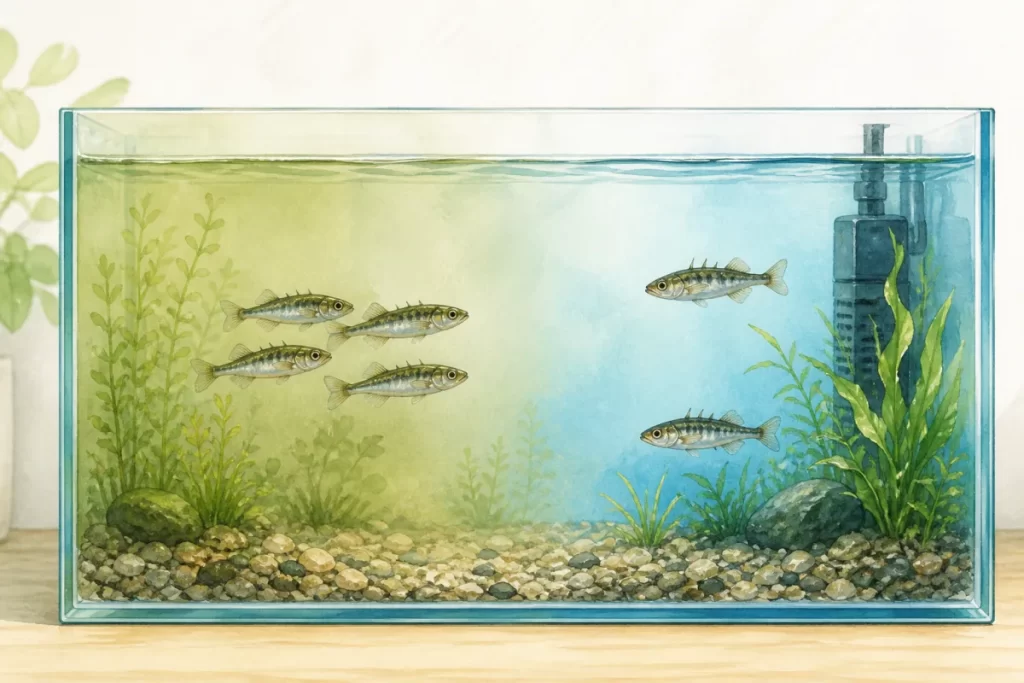 少し濁った側で小型淡水魚が寄り添って泳ぐ水槽の水彩風イラスト