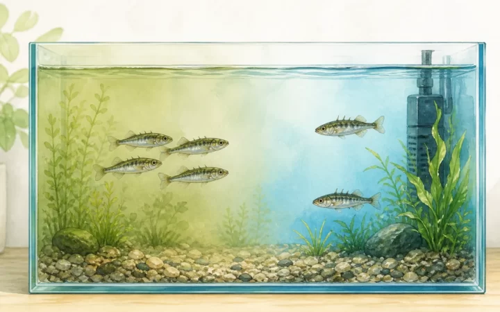 少し濁った側で小型淡水魚が寄り添って泳ぐ水槽の水彩風イラスト