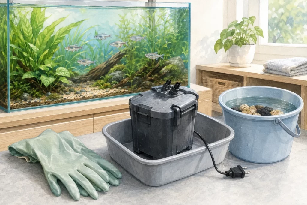 淡水水槽の横で電源を抜いた外部式フィルターとろ材を専用容器で手入れするAI生成イラスト