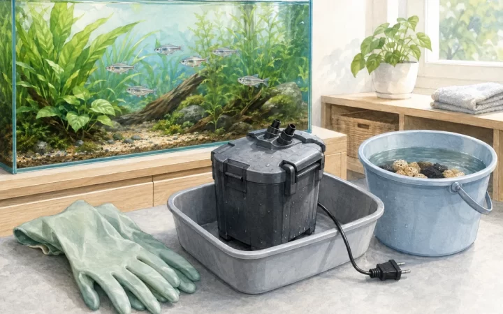 淡水水槽の横で電源を抜いた外部式フィルターとろ材を専用容器で手入れするAI生成イラスト
