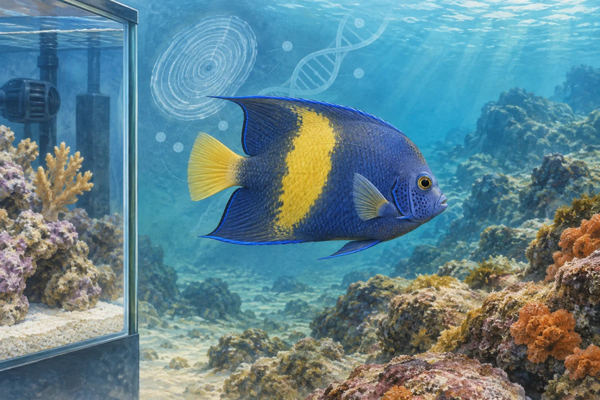 家庭水槽と外洋リーフの間を泳ぐセダカヤッコと耳石・DNAを描いたAI生成イラスト
