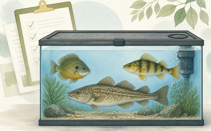 ふたを固定した水槽と3種類の淡水魚、確認書類を描いた水彩風イラスト