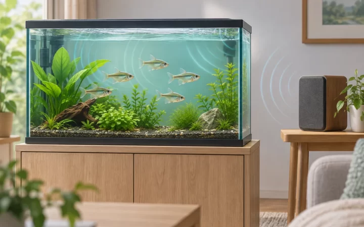 水槽から離れたスピーカーの音と淡水魚を描いたAI生成イラスト