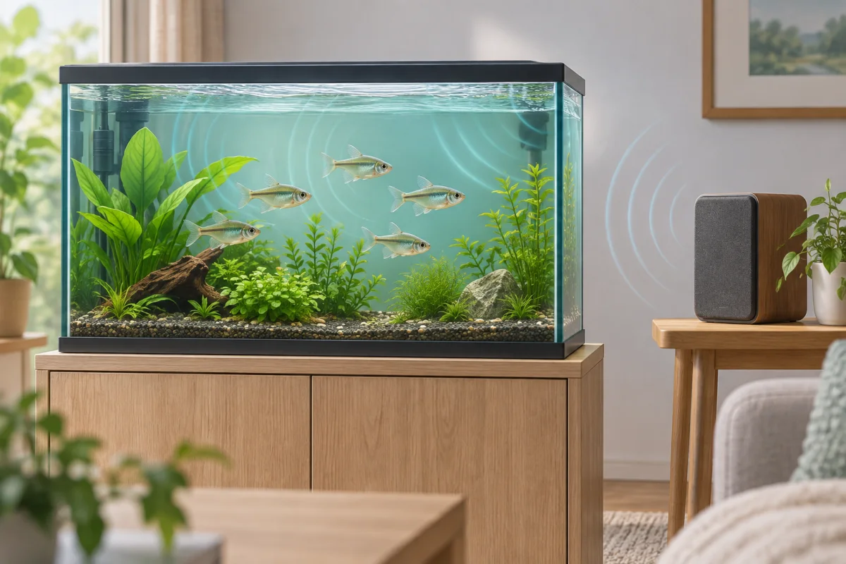 水槽から離れたスピーカーの音と淡水魚を描いたAI生成イラスト