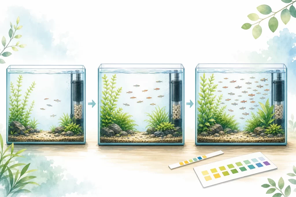 魚の数が異なる3つの淡水水槽と水質試験紙を描いた水彩風イラスト