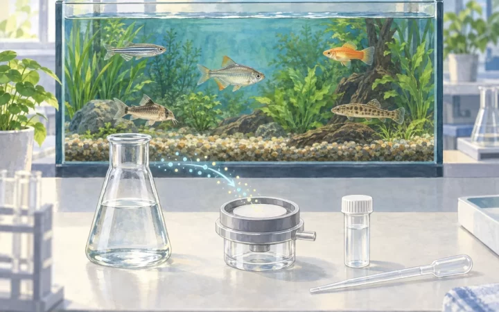水槽水の環境DNAを一般化した器具で濃縮する研究風景のAI生成イラスト