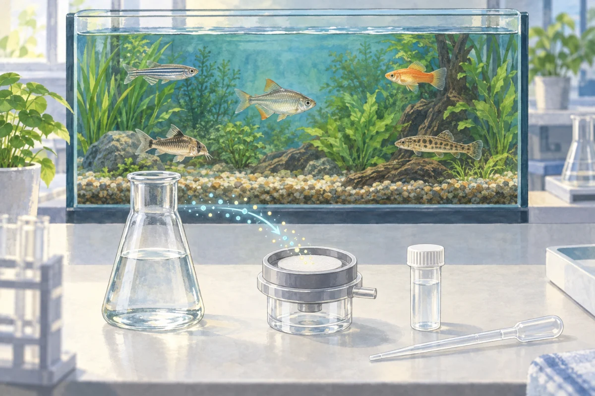 水槽水の環境DNAを一般化した器具で濃縮する研究風景のAI生成イラスト