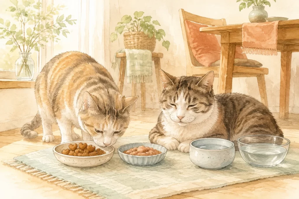 小粒のドライフードとウェットフード、複数の水皿を囲む2匹の高齢猫の水彩風イメージイラスト