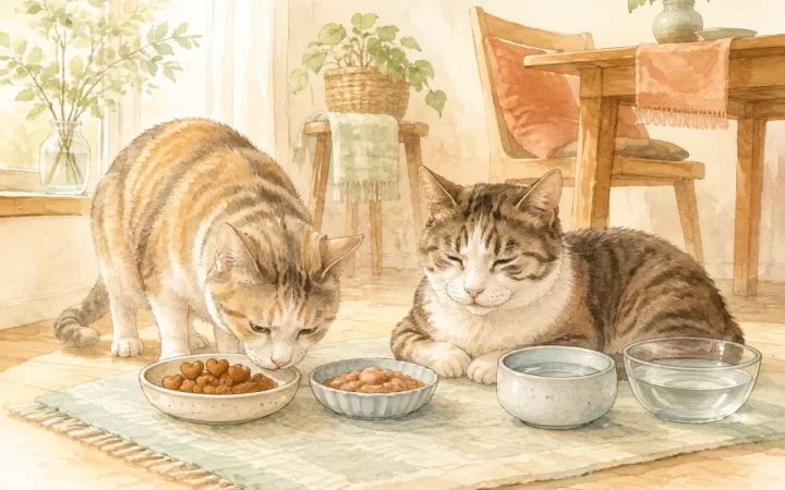 小粒のドライフードとウェットフード、複数の水皿を囲む2匹の高齢猫の水彩風イメージイラスト