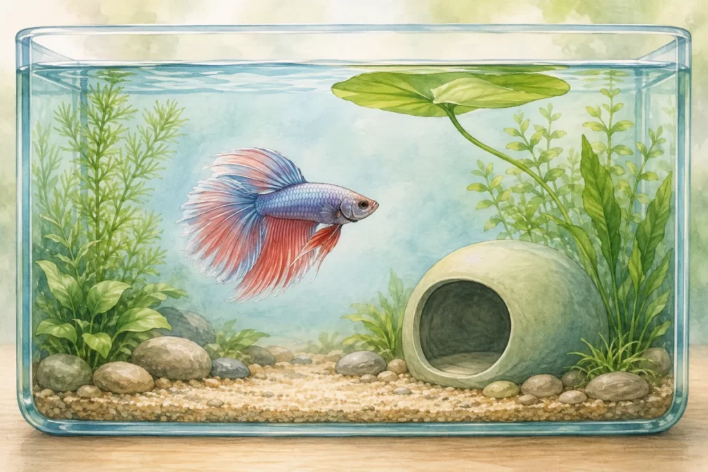 滑らかな葉と入口の広い隠れ家を配置した水槽を泳ぐ1匹のベタの水彩風イラスト