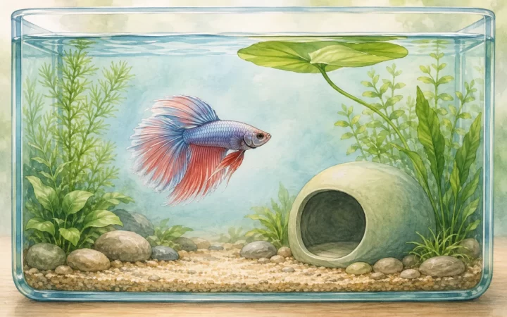 滑らかな葉と入口の広い隠れ家を配置した水槽を泳ぐ1匹のベタの水彩風イラスト