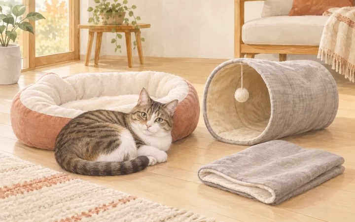 オープン型ベッドと布製トンネル、洗えるカバーの前でくつろぐ猫のAI生成イラスト