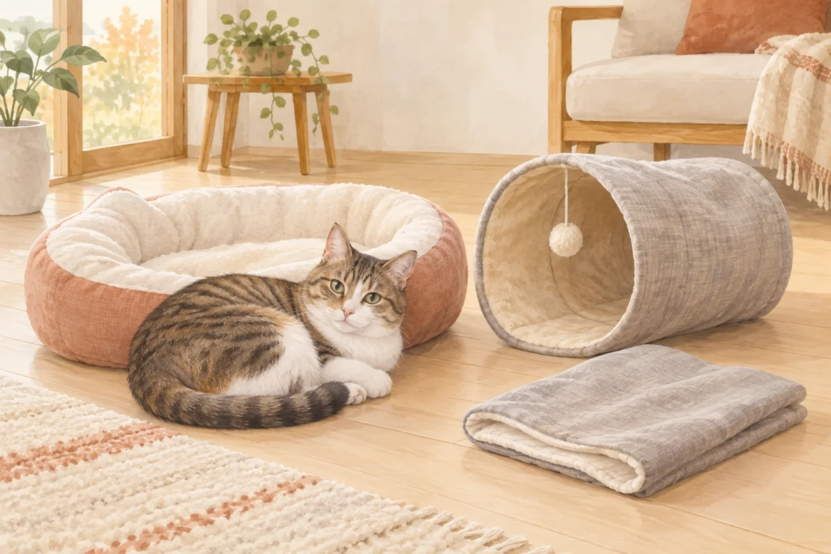 オープン型ベッドと布製トンネル、洗えるカバーの前でくつろぐ猫のAI生成イラスト