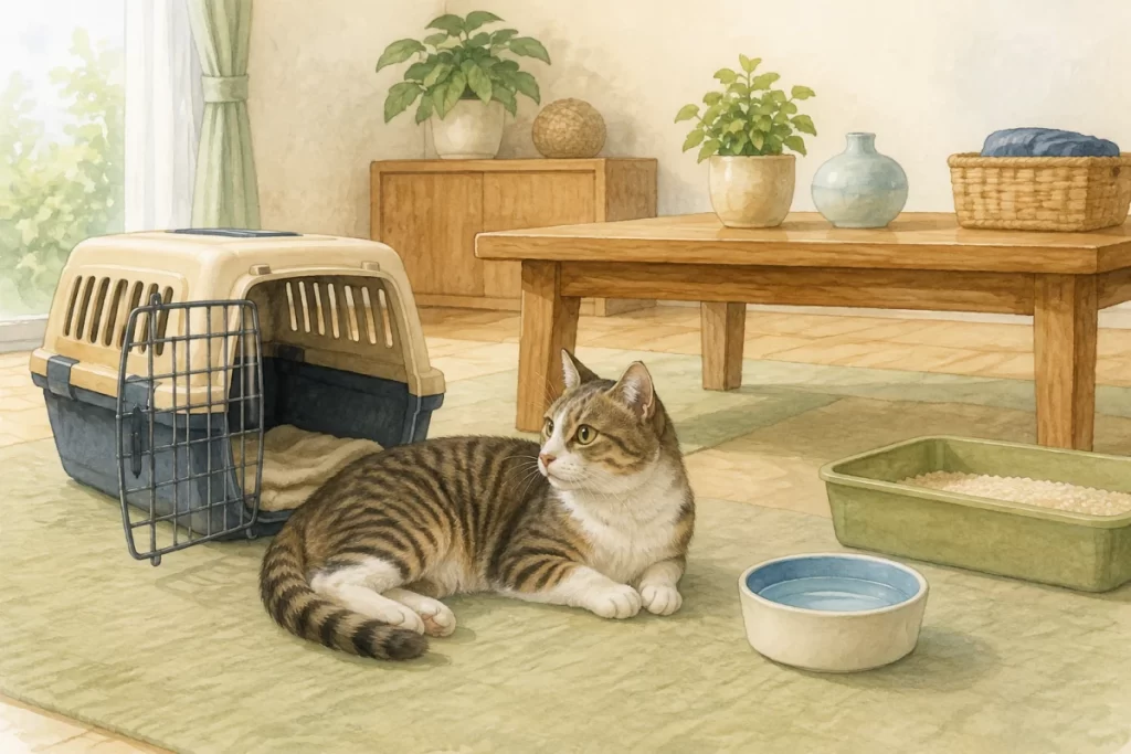 地震後の室内でキャリーと水とトイレの近くに落ち着いて伏せる猫の水彩風イラスト