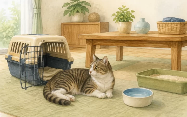 地震後の室内でキャリーと水とトイレの近くに落ち着いて伏せる猫の水彩風イラスト