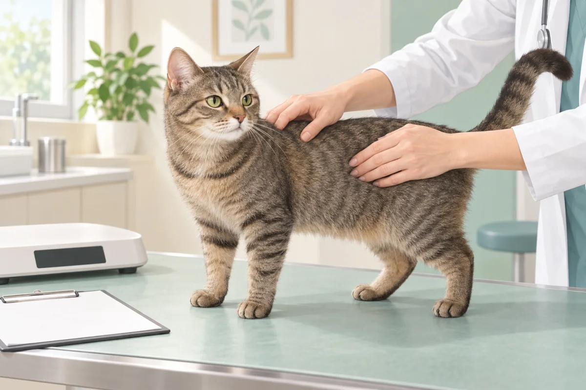 成猫の背中と肩の筋肉を診察室で確認する様子を描いたAI生成イラスト