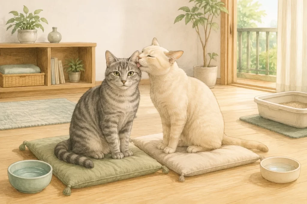 一方がもう一方の耳をなめる2匹の猫と、別々の休息場所や水皿を描いたAI生成イラスト