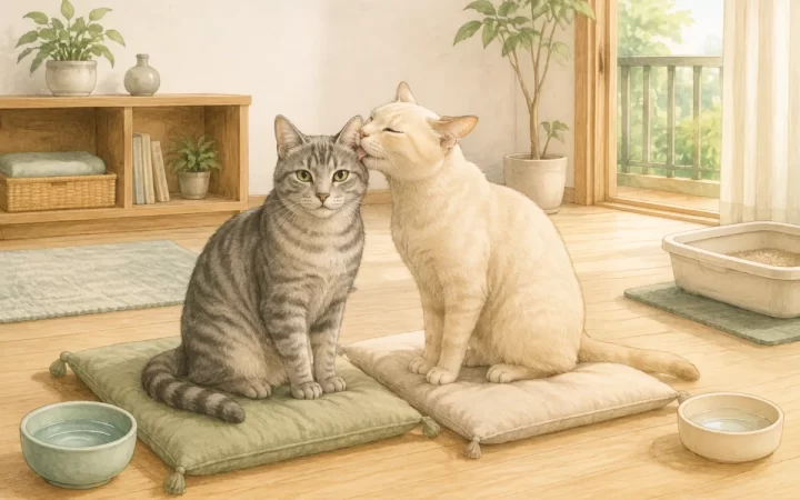 一方がもう一方の耳をなめる2匹の猫と、別々の休息場所や水皿を描いたAI生成イラスト