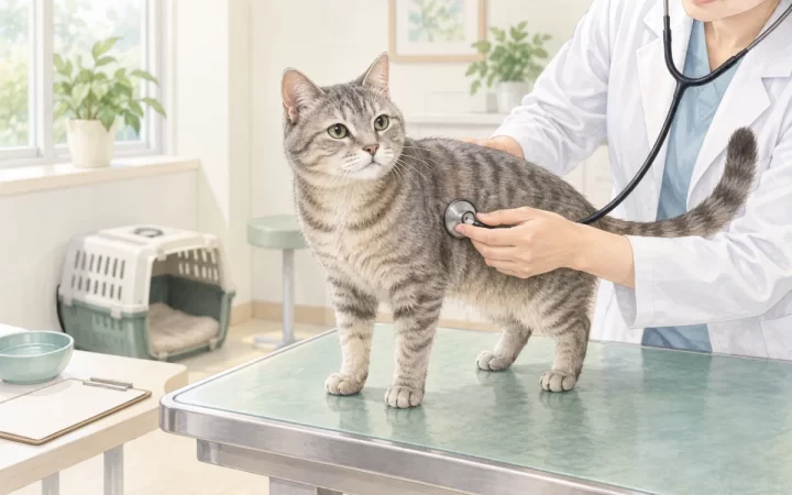 シニア猫が落ち着いた診察室で聴診を受ける水彩風イラスト