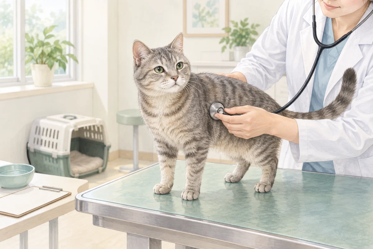 シニア猫が落ち着いた診察室で聴診を受ける水彩風イラスト