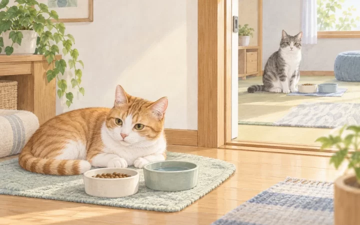 症状のある猫と同居猫を別室・別食器で見守るAI生成イラスト