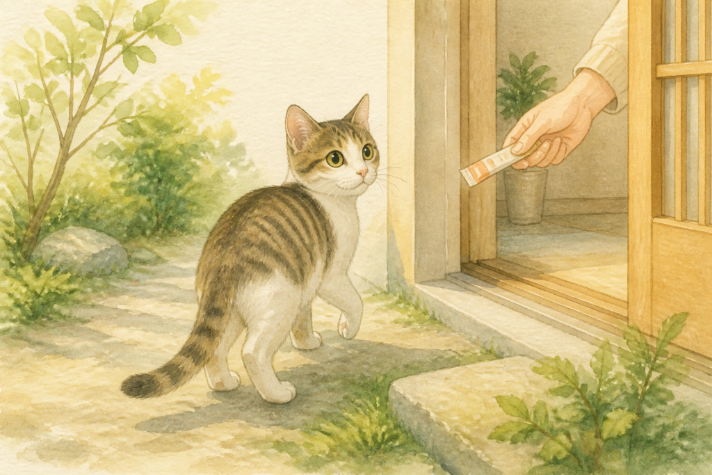 玄関の外で振り返る猫と、おやつを差し出す手を描いた水彩風イラスト
