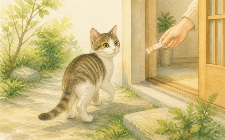 玄関の外で振り返る猫と、おやつを差し出す手を描いた水彩風イラスト