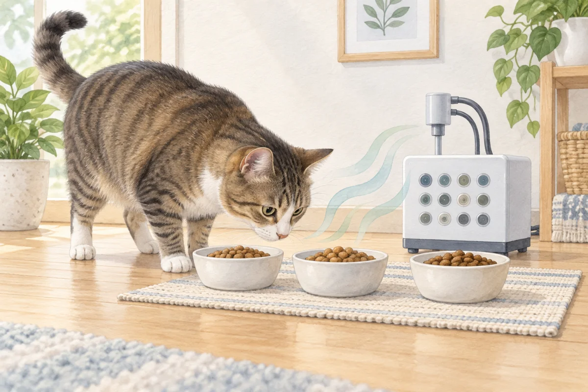 3つのドライフードの香りと電子鼻センサーを確認する猫のAI生成イラスト