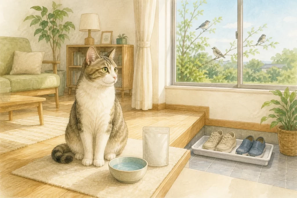 室内猫と閉じた窓の外の野鳥、玄関の靴トレーを描いた水彩風イラスト