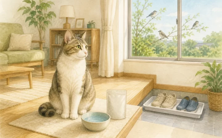 室内猫と閉じた窓の外の野鳥、玄関の靴トレーを描いた水彩風イラスト