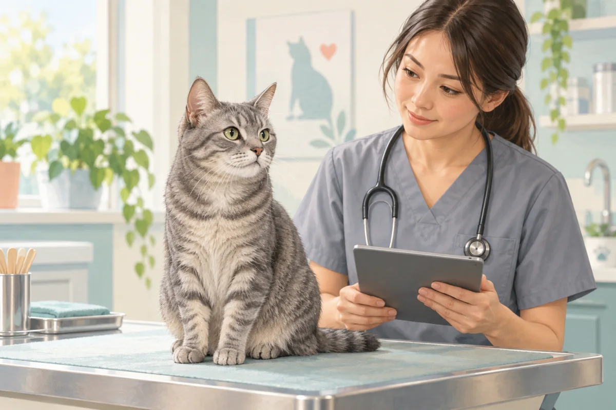 甲状腺機能亢進症の治療後に動物病院で長期検査を受ける猫のAI生成イラスト