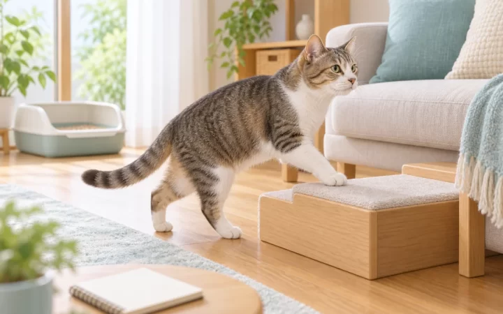シニア猫が低いステップへ前足をかける様子を描いたAI生成イラスト