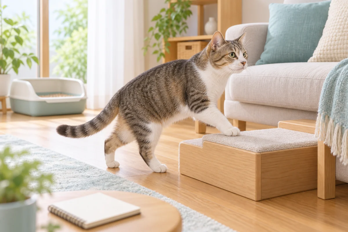 シニア猫が低いステップへ前足をかける様子を描いたAI生成イラスト