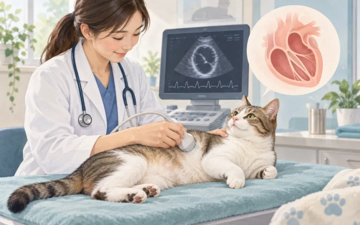 動物病院で心エコー検査を受ける猫と左室バンドをイメージしたAI生成イラスト