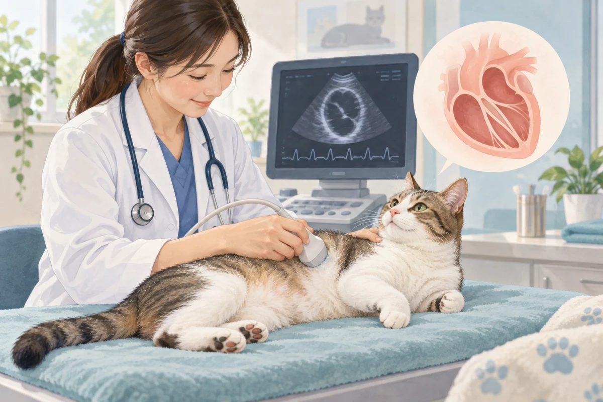 動物病院で心エコー検査を受ける猫と左室バンドをイメージしたAI生成イラスト