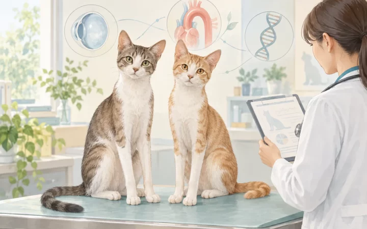 兄弟猫2匹と獣医師、眼・大動脈・DNAの関係を描いたAI生成イラスト