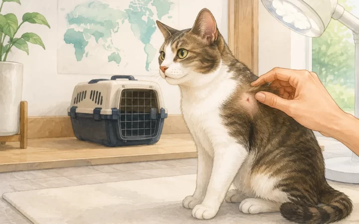 海外旅行後の猫の肩の小さな傷を明るい室内で確認する様子の水彩風イラスト