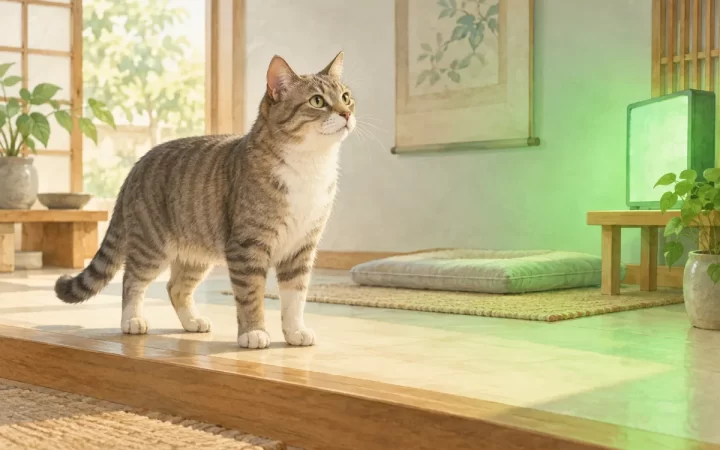 緑色の間接光が入る室内で低い段差の前に立つ猫のAI生成イラスト