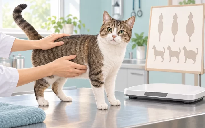 猫の肋骨まわりをやさしく触って体型を確認する場面のAI生成イラスト
