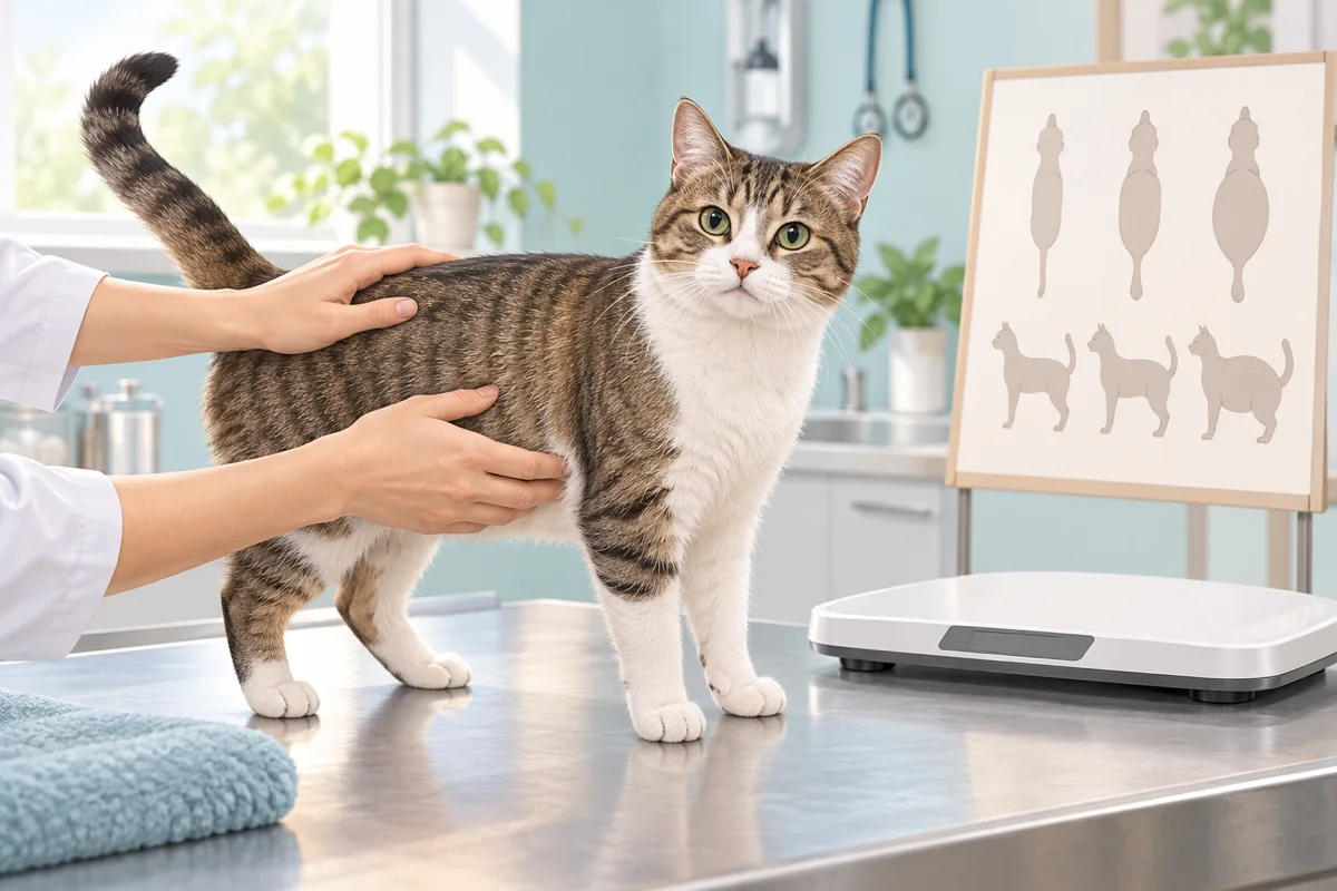 猫の肋骨まわりをやさしく触って体型を確認する場面のAI生成イラスト