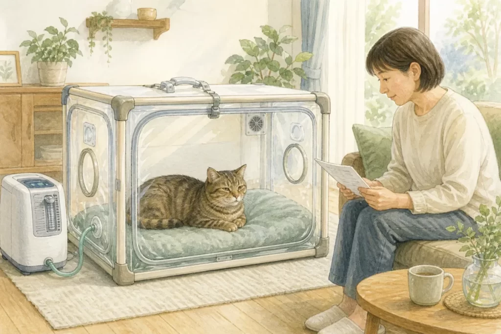 高齢猫が清潔なペット用酸素室で休み、飼い主が獣医師の説明書を確認する水彩風イラスト