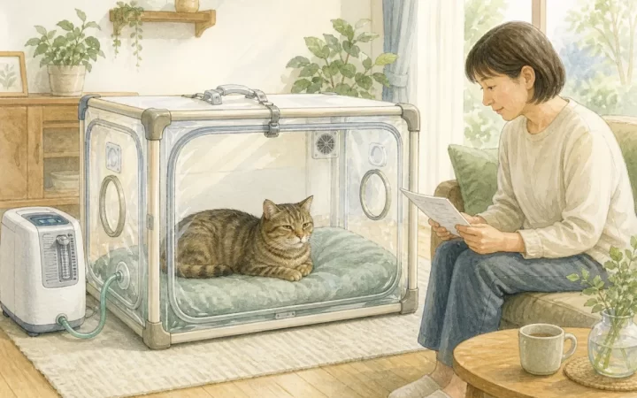 高齢猫が清潔なペット用酸素室で休み、飼い主が獣医師の説明書を確認する水彩風イラスト
