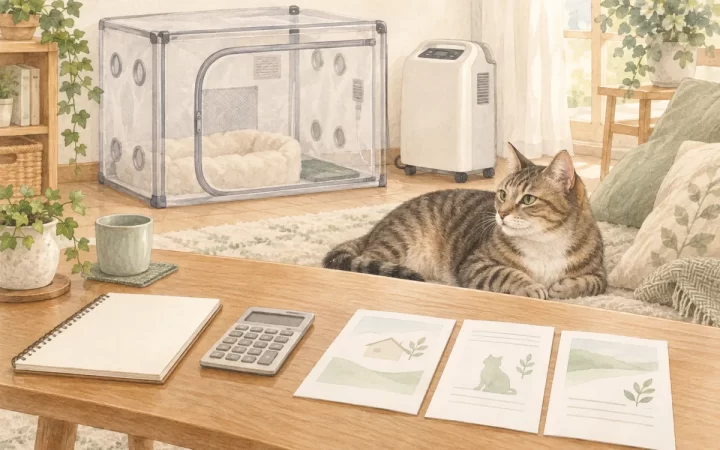 猫と未使用の酸素ケージ、料金比較の資料を描いたAI生成のイメージイラスト